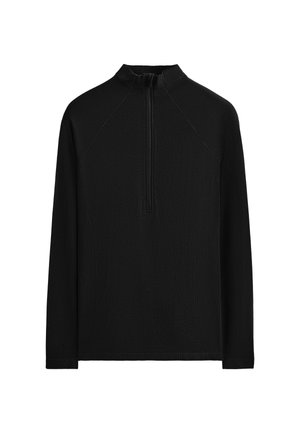 Black long-sleeve pullover sweater with a high collar and quarter-zip. Features textured fabric and seam detailing along the sides.