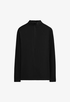Black long-sleeve pullover sweater with a high collar and quarter-zip. Features textured fabric and seam detailing along the sides.