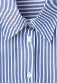 Blue and white striped shirt with a classic collar, white buttons, and a smooth cotton texture. Vertical stripes are evenly spaced.
