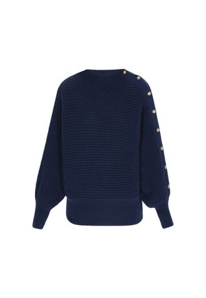 Pull en maille bleu marine avec une texture côtelée, doté d'un col bateau, de manches surdimensionnées et d'accents en boutons dorés le long d'une épaule.