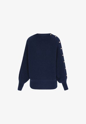 Pull en maille bleu marine avec une texture côtelée, doté d'un col bateau, de manches surdimensionnées et d'accents en boutons dorés le long d'une épaule.