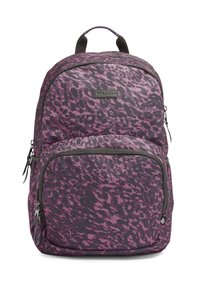 Purple and black leopard-print backpack with a textured exterior, top handle, two zip compartments, and adjustable shoulder straps.