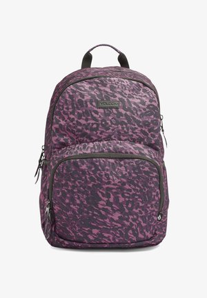 Zaino a stampa leopardata viola e nera con esterno testurizzato, maniglia superiore, due scomparti con zip e spallacci regolabili.