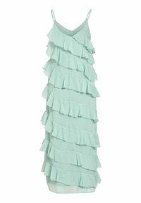 Gaiši zila piedurkņu kleita ar slīpām slāņotām volānēm un plānām plecu lencītēm, garums līdz ceļiem, gaisīgs audums.