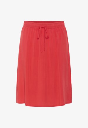 Spódnica do kolan w kolorze koralowym o miękkiej, zwiewnej strukturze. Posiada elastyczny pas z sznurkiem do regulacji dopasowania.