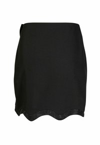 Black mini skirt with a smooth texture, featuring a scalloped hemline and a subtle lace accent at the bottom. Simple design, no visible fasteners.