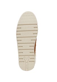 Semelle de chaussure marron présentant une surface en caoutchouc blanc texturé avec des rainures horizontales et verticales pour l'adhérence. Logo embossé au centre.