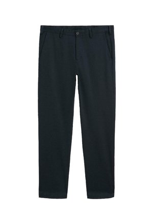 Chinos di un blu navy scuro realizzati in tessuto misto cotone, con vita piatta, due tasche laterali e una tasca posteriore singola. Design classico a gamba dritta.
