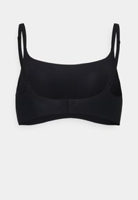 Svart trådløs BH med justerbare stropper, glatt tekstur og krok-lukking bak. Enkel design, uten polstring eller bøyler.