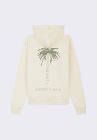Hoodie crème avec un grand motif de palmier vert et du texte au dos. Matériau doux, avec une capuche à cordon et des poignets côtelés.