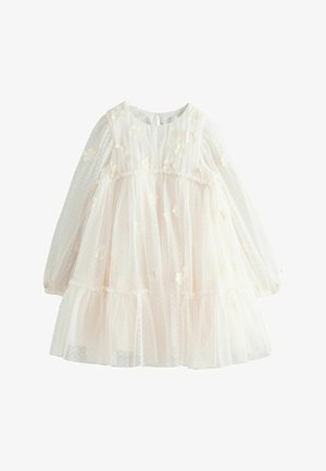 Kremowa biała sukienka z tiulu na długie rękawy dla dziecka, z aplikacjami kwiatowymi i wzorem w groszki, z marszczoną talią i falbaną.