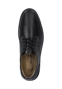 Scarpa da uomo in pelle nera con punta arrotondata, design con lacci, dettagli perforati e sottopiede texture. Finitura liscia e lucida.