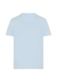 Schlichtes hellblaues T-Shirt mit kurzen Ärmeln, von hinten gezeigt, mit rundem Ausschnitt und ohne sichtbare Logos oder Muster.