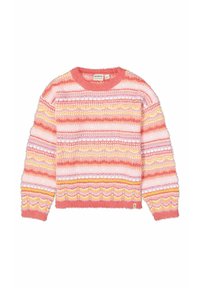 Gestreifter rosa und orangefarbener Strickpullover mit einer flauschigen Textur, ausgestattet mit einem Rundhalsausschnitt und mehrfarbigen horizontalen Mustern.