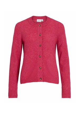 Cardigan rouge à côtes avec un col rond, sept boutons marron sur le devant et des manches longues. Fabriqué en matériau tricoté texturé.