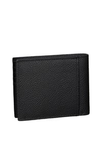 Μαύρο δερμάτινο πορτοφόλι με υφή, διαθέτει πολλαπλές θήκες για κάρτες και κομψό, ορθογώνιο σχήμα. Χωρίς ορατές μεταλλικές λεπτομέρειες.