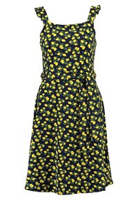 Blommig klänning med marinbakgrund, med mönster av gula citroner och gröna blad, justerbara spagettiband och ett knytbälte i midjan.