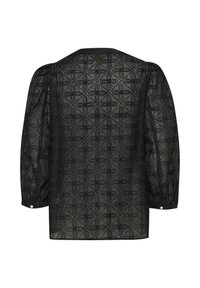Černá průhledná blůza s vyp puff sleeves a geometrickým květinovým vzorem. Obsahuje manžety na knoflíky a kulatý výstřih.