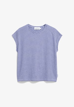 Gestreiftes Rundhals-T-Shirt in Blau und Weiß. Kurze Ärmel, weicher Stoff, lässige Passform, mit einem Etikett an der linken Seitennaht.