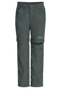 Dunkelgraue, leichte Trekkinghosen mit abnehmbaren Beinen, mehreren Taschen und einem Knopfverschluss. Hergestellt aus strapazierfähigem, wasserabweisendem Material.