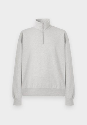 Light grey zip-up sweatshirt with a high collar, ribbed cuffs, and hem. Made from soft, textured fabric with a relaxed fit.