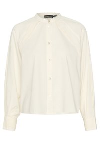 Hvid bluse med mandarin-krave, frontknapper og delikat blonderands på skuldrene. Lange ærmer med blonder detaljer ved manchetterne. Blødt stof.