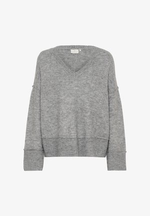 Grau gestrickter Pullover mit V-Ausschnitt, übergroßer Passform, breiten Ärmeln und gerippten Abschlüssen. Weiche Textur; nahtloses Design ohne Muster oder Verzierungen.