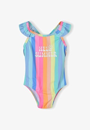Jednoczęściowy kostium kąpielowy dla dzieci z pionowymi paskami w kolorze tęczy, falbankowymi ramiączkami i napisem "HELLO SUMMER" z przodu.