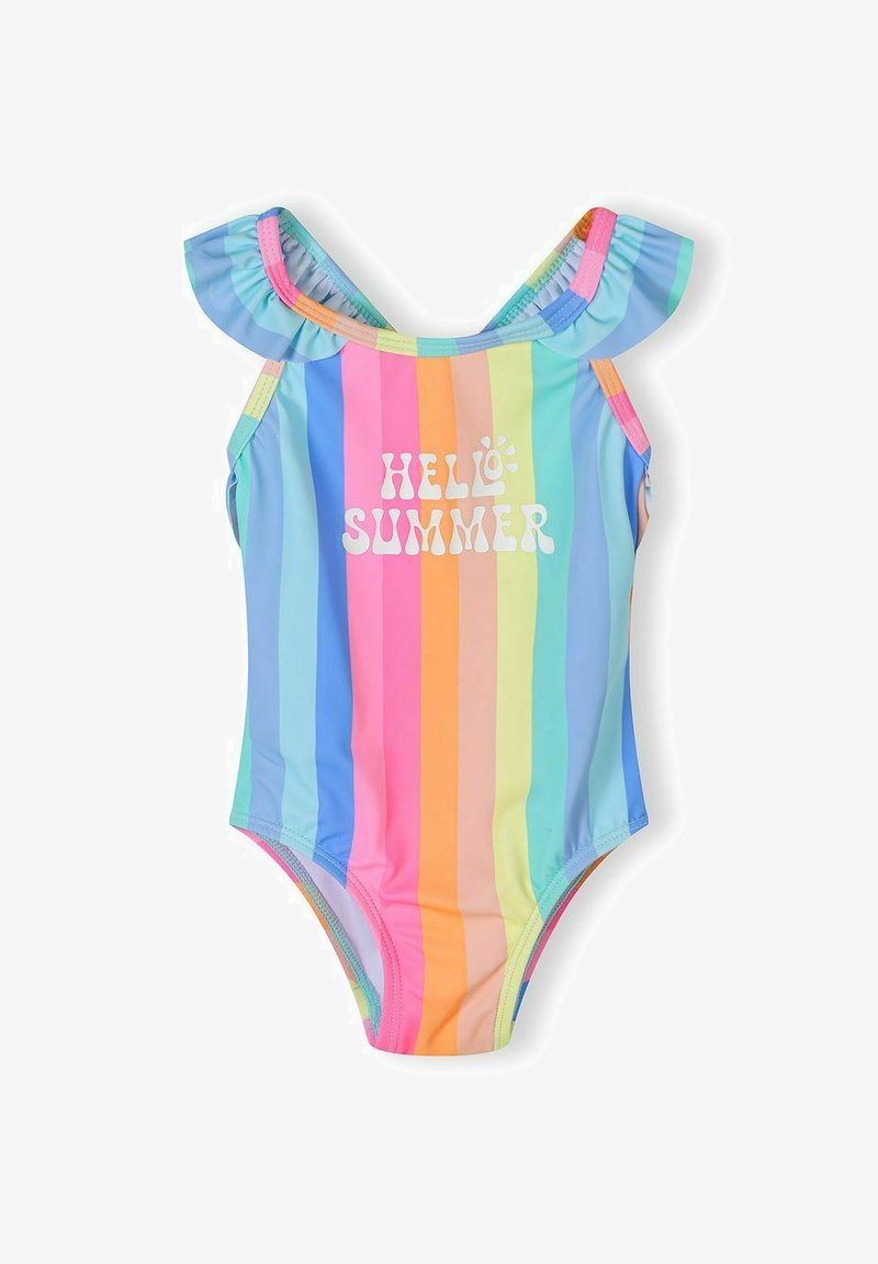 Jednodielne dievčenské plavky s vertikálnymi dúhovými pruhmi, volánikovými ramienkami a nápisom "HELLO SUMMER" na prednej strane.