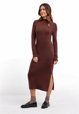 Braunes Strickkleid mit langen Ärmeln und hohem Kragen, mit seitlichen Schlitzen. Kombiniert mit schwarzen Schuhen und braunen Socken. Glatte Textur.