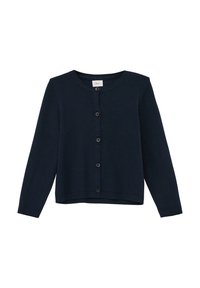 Marineblauer Cardigan aus weichem Strickmaterial, mit Rundhalsausschnitt, langen Ärmeln und durchgehendem Knopfverschluss.