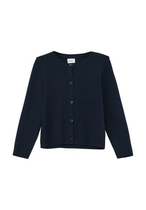 Marineblauer Cardigan aus weichem Strickmaterial, mit Rundhalsausschnitt, langen Ärmeln und durchgehendem Knopfverschluss.