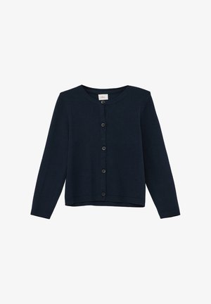 Cardigan blu navy realizzato in morbido tessuto a maglia, con scollo rotondo, maniche lunghe e chiusura con bottoni frontale.