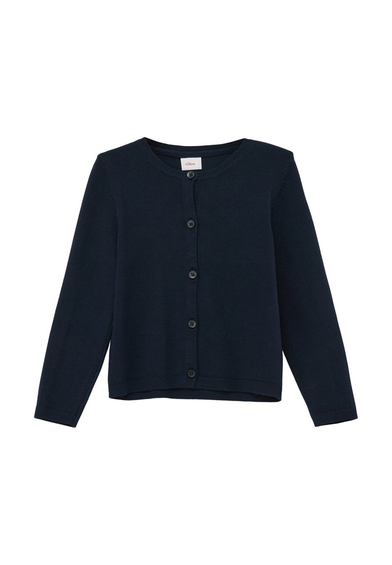 Marineblauer Cardigan aus weichem Strickmaterial, mit Rundhalsausschnitt, langen Ärmeln und durchgehendem Knopfverschluss.