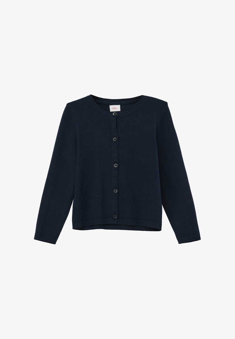 Marineblauer Cardigan aus weichem Strickmaterial, mit Rundhalsausschnitt, langen Ärmeln und durchgehendem Knopfverschluss.