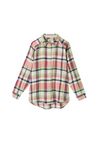 Plaid button-up shirt in pink, green, and navy. Features long sleeves, collar, chest pocket, and a slightly curved hem. Made of flannel.