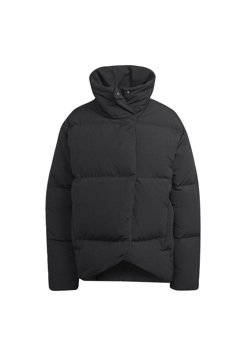 Schwarze Steppjacke mit hohem Kragen, ausgestattet mit gesteppten Abschnitten, einem Reißverschluss und einer lockeren Passform. Hergestellt aus synthetischem Material.