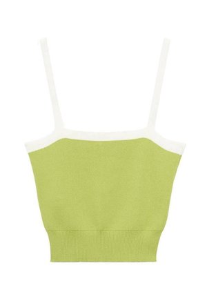 Vihreä neulottu crop top ohuiden valkoisten olkaimien kanssa. Siinä on ribbitekstuuri ja tiukka muotoilu, jossa on kontrastoiva valkoinen pääntie.