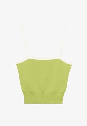 Green knitted crop top with thin white straps. Features a ribbed texture and fitted design, with a contrasting white neckline.