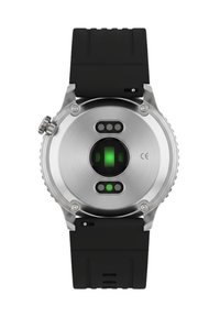 Coperchio in acciaio inossidabile con design circolare, cinturino in gomma nera e sensori visibili. Presenta un indicatore di luce verde e hardware dettagliato.