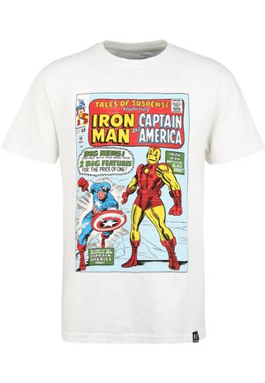 White cotton t-shirt featuring a comic-style graphic with Iron Man and Captain America, including vibrant colors and bold text.