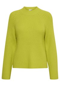 Pull en maille côtelée de couleur vert citron vif. Il présente un col montant, des manches raglan longues et une coupe ajustée avec une finition texturée.