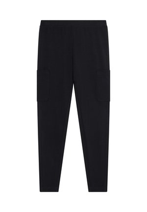 Pantalon cargo noir avec deux poches latérales, coupe slim, taille élastique et texture de tissu lisse. Convient pour une tenue décontractée.