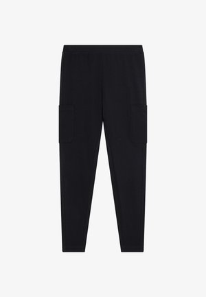 Zwarte cargobroek met twee zijzakken, slank model, elastische tailleband en gladde stoftextuur. Geschikt voor casual gebruik.