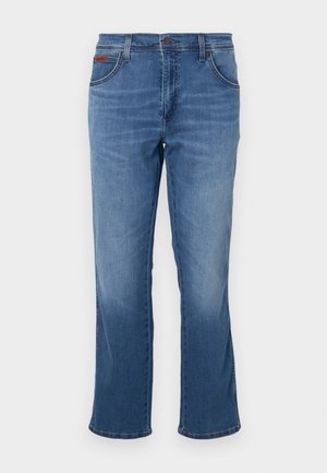 Blå denimjeans med rak ben, femficksdesign, knappstängning och subtilda blekningar på låren. Ren nederkant utan utsmyckningar.
