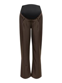 Brown wide-leg pants featuring a black stretch panel at the waist and pleated front detail. Smooth texture and tailored design.