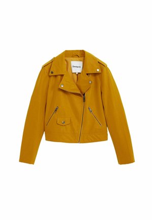 Yellow faux leather biker jacket with a cropped design, asymmetrical zipper, snap tab collar, and multiple zippered pockets.