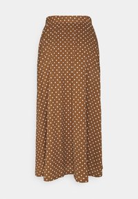 Bruine rok met stippen in een geplooid ontwerp, met een aansluitende tailleband en witte cirkelvormige patronen erdoorheen. Zachte stofstructuur.