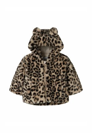 Giacca con cappuccio per bambino con pelliccia ecologica stampa leopardo e piccole orecchie rotonde sul cappuccio, chiusura frontale con zip.