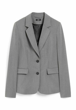 Grå damesblazer med to sorte knapper, hakkrave, klaplommer og sort prikket foer.
